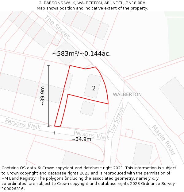 2, PARSONS WALK, WALBERTON, ARUNDEL, BN18 0PA: Plot and title map