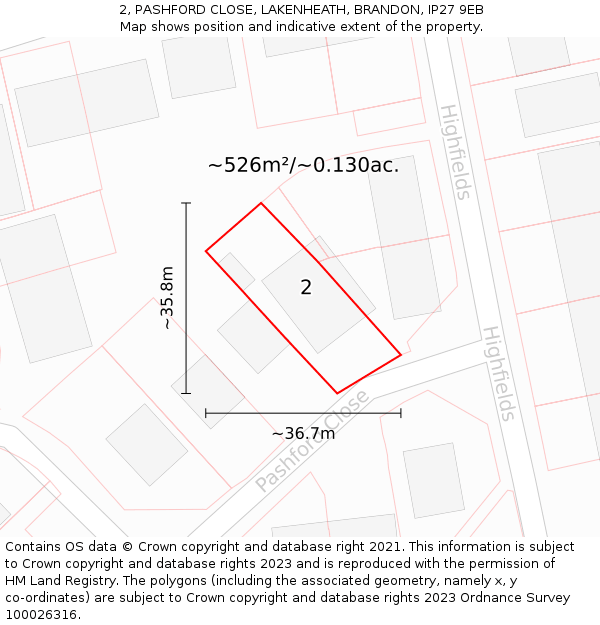 2, PASHFORD CLOSE, LAKENHEATH, BRANDON, IP27 9EB: Plot and title map