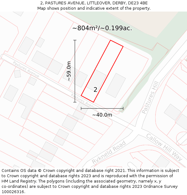 2, PASTURES AVENUE, LITTLEOVER, DERBY, DE23 4BE: Plot and title map