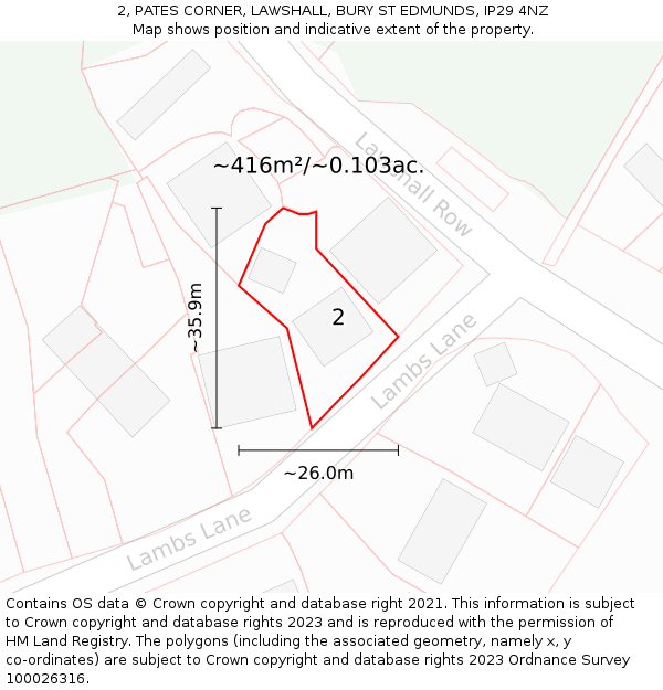 2, PATES CORNER, LAWSHALL, BURY ST EDMUNDS, IP29 4NZ: Plot and title map