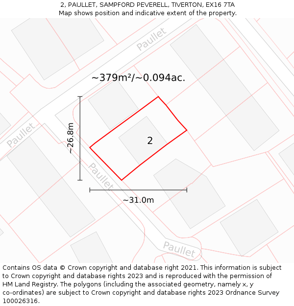 2, PAULLET, SAMPFORD PEVERELL, TIVERTON, EX16 7TA: Plot and title map