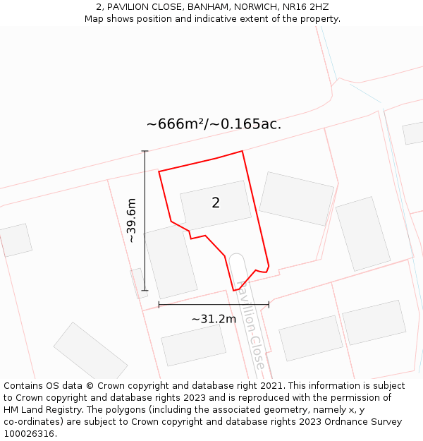 2, PAVILION CLOSE, BANHAM, NORWICH, NR16 2HZ: Plot and title map