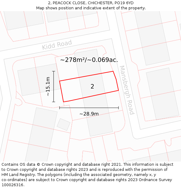 2, PEACOCK CLOSE, CHICHESTER, PO19 6YD: Plot and title map