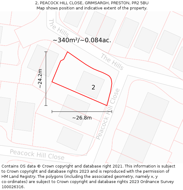 2, PEACOCK HILL CLOSE, GRIMSARGH, PRESTON, PR2 5BU: Plot and title map