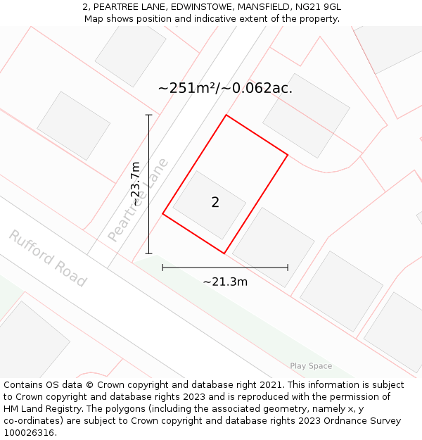 2, PEARTREE LANE, EDWINSTOWE, MANSFIELD, NG21 9GL: Plot and title map