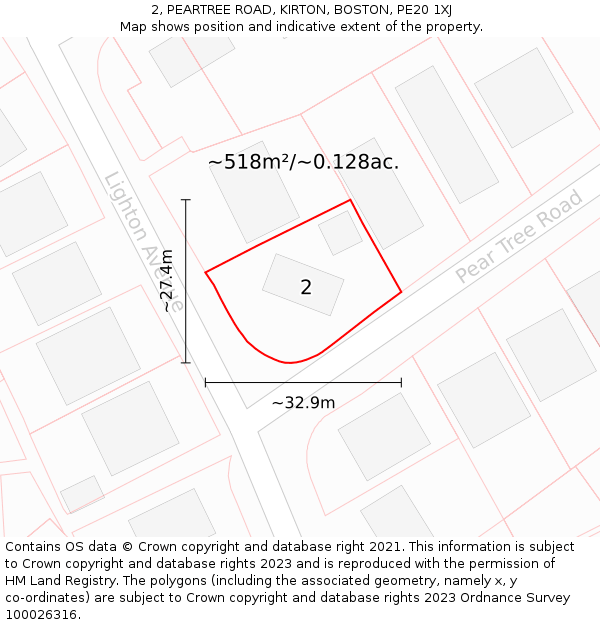 2, PEARTREE ROAD, KIRTON, BOSTON, PE20 1XJ: Plot and title map