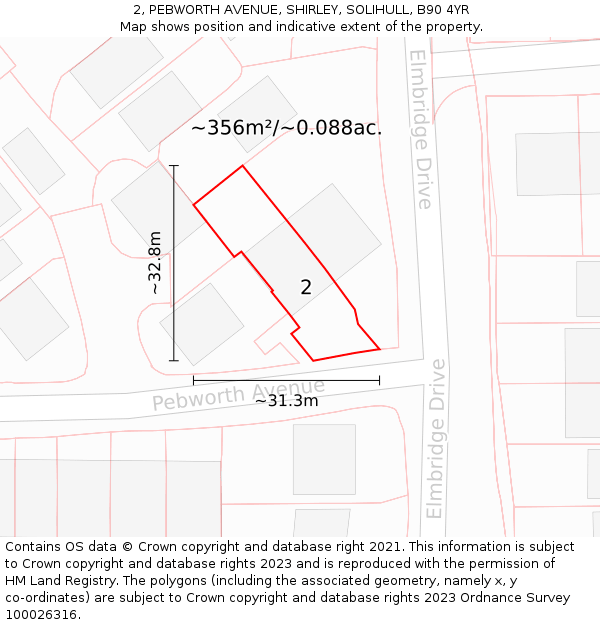 2, PEBWORTH AVENUE, SHIRLEY, SOLIHULL, B90 4YR: Plot and title map