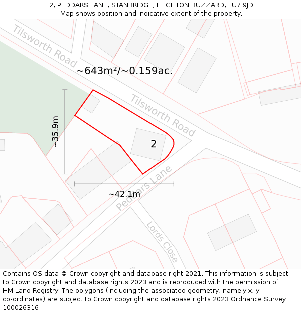 2, PEDDARS LANE, STANBRIDGE, LEIGHTON BUZZARD, LU7 9JD: Plot and title map