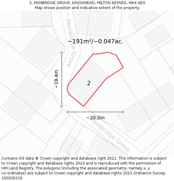 2, PEMBRIDGE GROVE, KINGSMEAD, MILTON KEYNES, MK4 4EG: Plot and title map