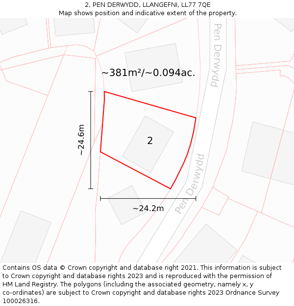 2, PEN DERWYDD, LLANGEFNI, LL77 7QE: Plot and title map