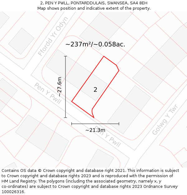 2, PEN Y PWLL, PONTARDDULAIS, SWANSEA, SA4 8EH: Plot and title map