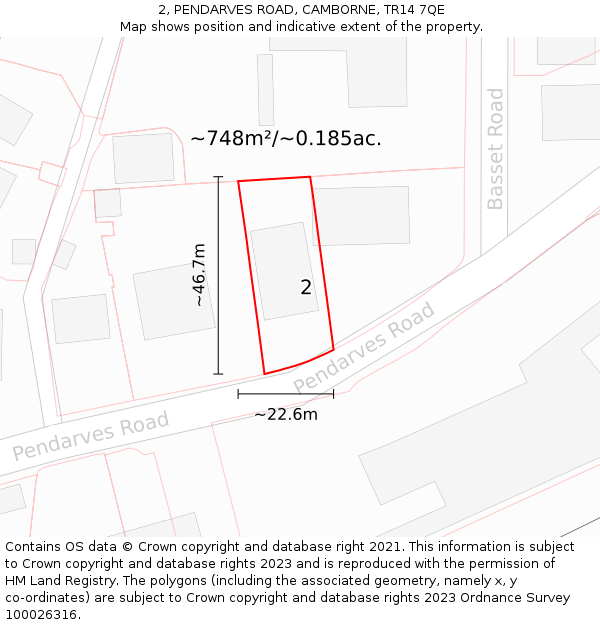 2, PENDARVES ROAD, CAMBORNE, TR14 7QE: Plot and title map