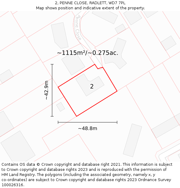 2, PENNE CLOSE, RADLETT, WD7 7PL: Plot and title map