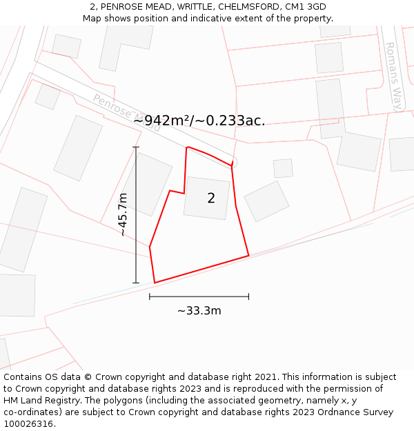 2, PENROSE MEAD, WRITTLE, CHELMSFORD, CM1 3GD: Plot and title map