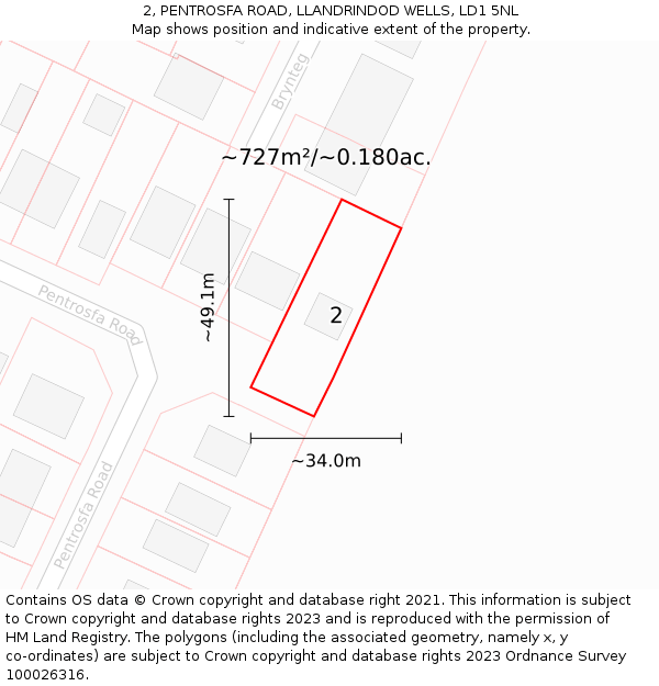 2, PENTROSFA ROAD, LLANDRINDOD WELLS, LD1 5NL: Plot and title map