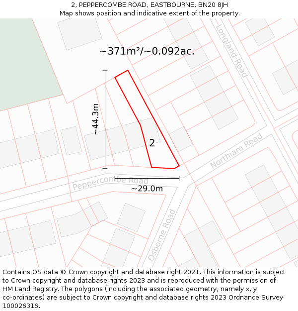 2, PEPPERCOMBE ROAD, EASTBOURNE, BN20 8JH: Plot and title map