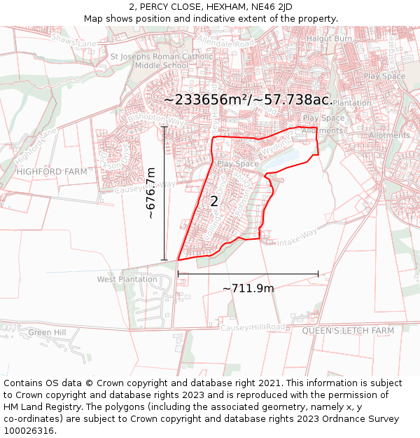 2, PERCY CLOSE, HEXHAM, NE46 2JD: Plot and title map