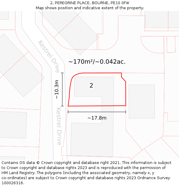 2, PEREGRINE PLACE, BOURNE, PE10 0FW: Plot and title map