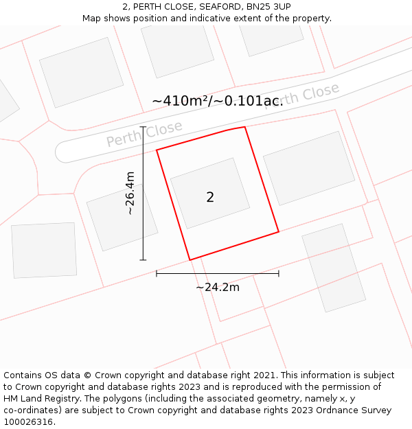 2, PERTH CLOSE, SEAFORD, BN25 3UP: Plot and title map