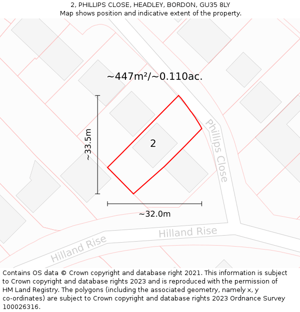 2, PHILLIPS CLOSE, HEADLEY, BORDON, GU35 8LY: Plot and title map