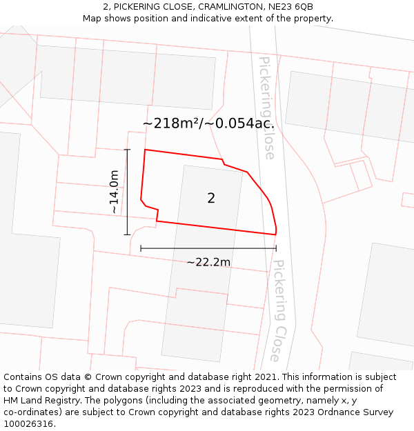 2, PICKERING CLOSE, CRAMLINGTON, NE23 6QB: Plot and title map