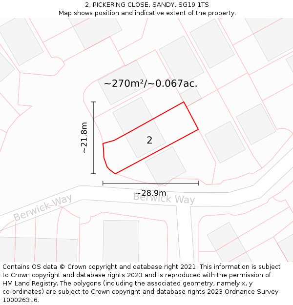 2, PICKERING CLOSE, SANDY, SG19 1TS: Plot and title map