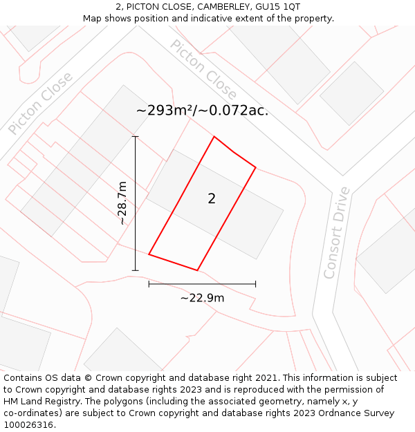 2, PICTON CLOSE, CAMBERLEY, GU15 1QT: Plot and title map