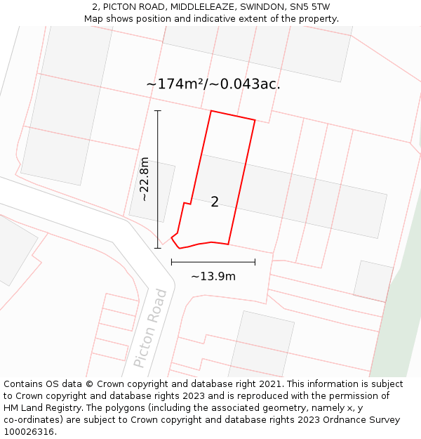 2, PICTON ROAD, MIDDLELEAZE, SWINDON, SN5 5TW: Plot and title map