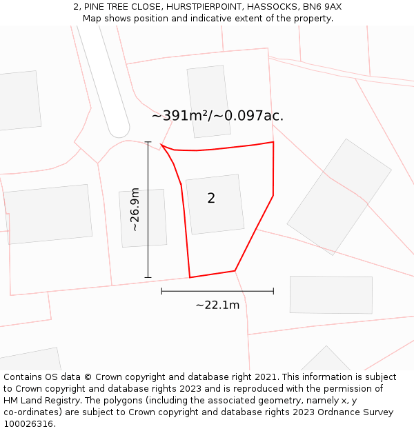 2, PINE TREE CLOSE, HURSTPIERPOINT, HASSOCKS, BN6 9AX: Plot and title map