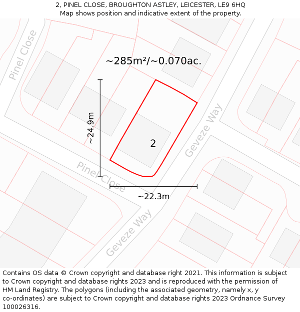 2, PINEL CLOSE, BROUGHTON ASTLEY, LEICESTER, LE9 6HQ: Plot and title map