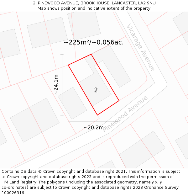 2, PINEWOOD AVENUE, BROOKHOUSE, LANCASTER, LA2 9NU: Plot and title map