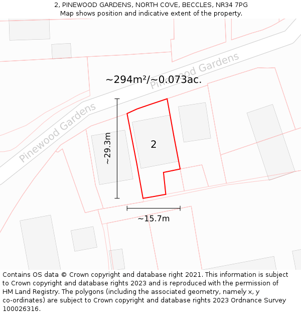 2, PINEWOOD GARDENS, NORTH COVE, BECCLES, NR34 7PG: Plot and title map