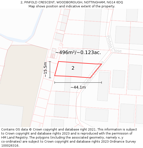 2, PINFOLD CRESCENT, WOODBOROUGH, NOTTINGHAM, NG14 6DQ: Plot and title map