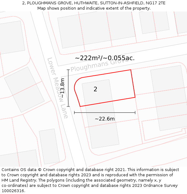 2, PLOUGHMANS GROVE, HUTHWAITE, SUTTON-IN-ASHFIELD, NG17 2TE: Plot and title map