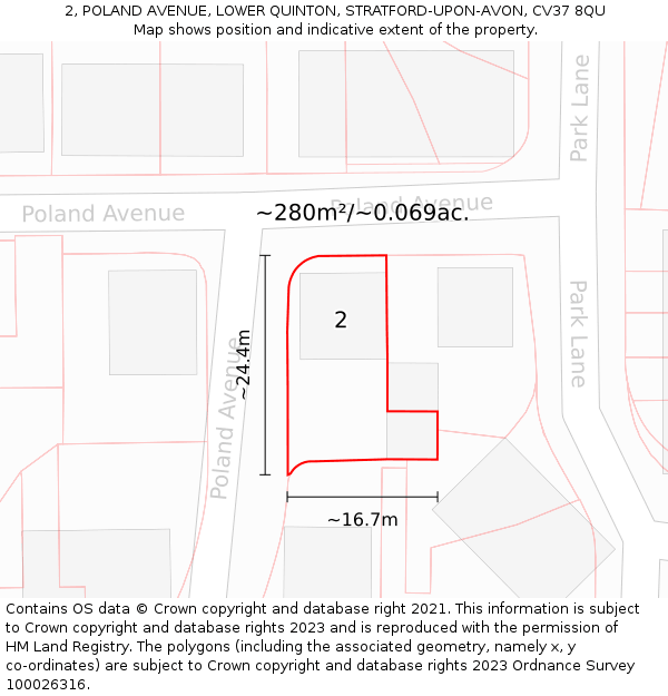 2, POLAND AVENUE, LOWER QUINTON, STRATFORD-UPON-AVON, CV37 8QU: Plot and title map