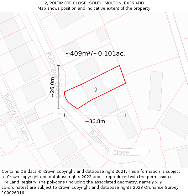 2, POLTIMORE CLOSE, SOUTH MOLTON, EX36 4DD: Plot and title map