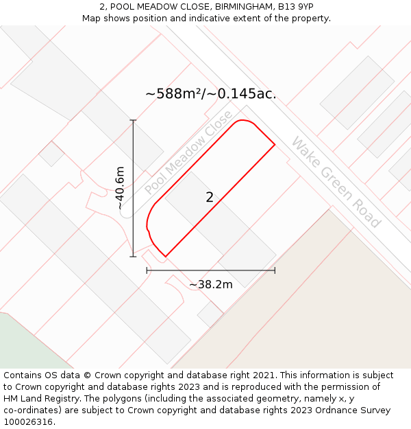 2, POOL MEADOW CLOSE, BIRMINGHAM, B13 9YP: Plot and title map