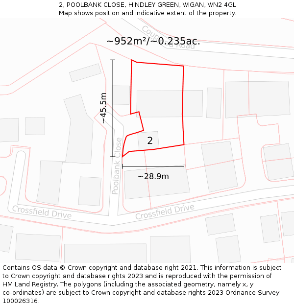 2, POOLBANK CLOSE, HINDLEY GREEN, WIGAN, WN2 4GL: Plot and title map