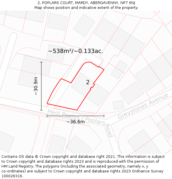 2, POPLARS COURT, MARDY, ABERGAVENNY, NP7 6NJ: Plot and title map