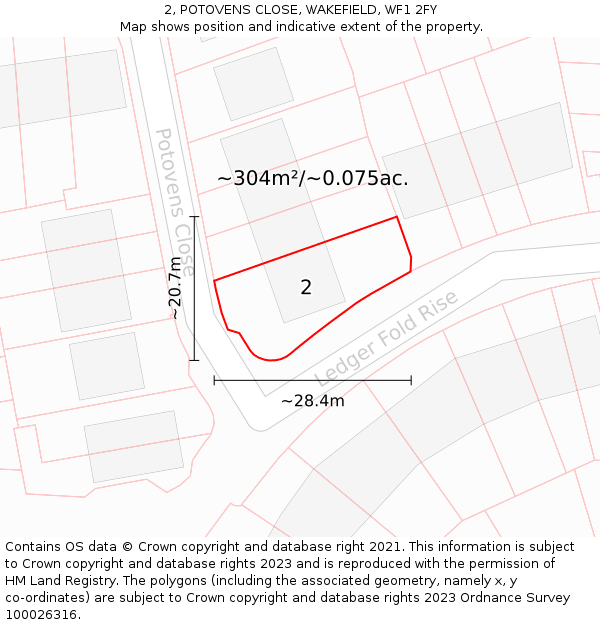 2, POTOVENS CLOSE, WAKEFIELD, WF1 2FY: Plot and title map