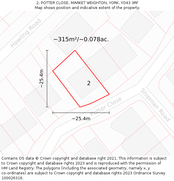 2, POTTER CLOSE, MARKET WEIGHTON, YORK, YO43 3RF: Plot and title map