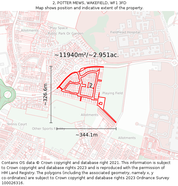 2, POTTER MEWS, WAKEFIELD, WF1 3FD: Plot and title map