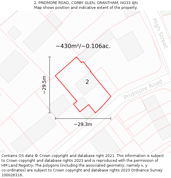 2, PRIDMORE ROAD, CORBY GLEN, GRANTHAM, NG33 4JN: Plot and title map