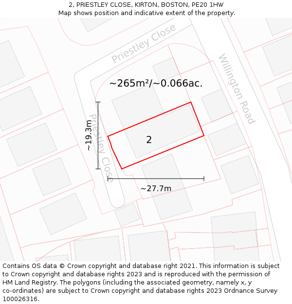 2, PRIESTLEY CLOSE, KIRTON, BOSTON, PE20 1HW: Plot and title map