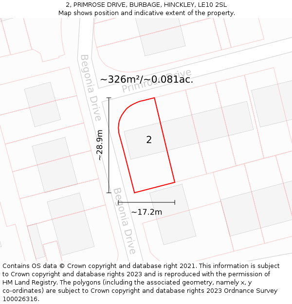 2, PRIMROSE DRIVE, BURBAGE, HINCKLEY, LE10 2SL: Plot and title map