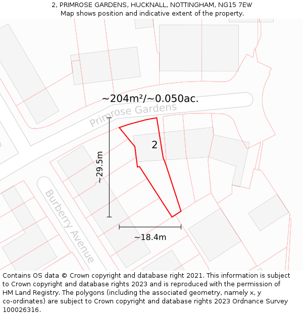 2, PRIMROSE GARDENS, HUCKNALL, NOTTINGHAM, NG15 7EW: Plot and title map