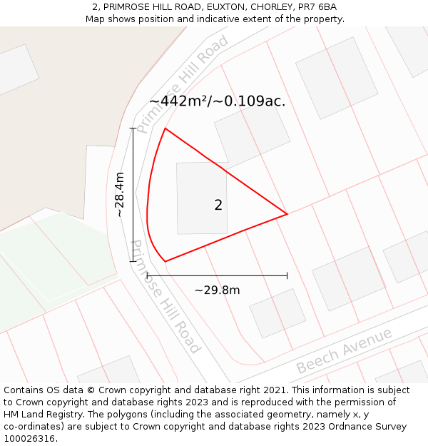 2, PRIMROSE HILL ROAD, EUXTON, CHORLEY, PR7 6BA: Plot and title map