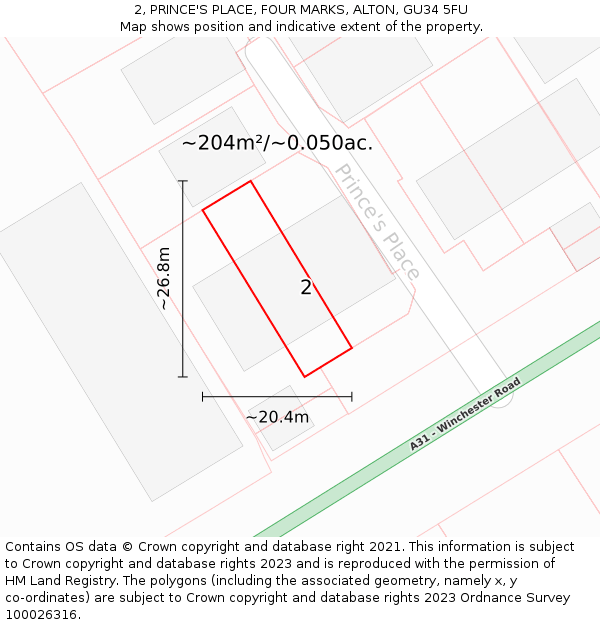 2, PRINCE'S PLACE, FOUR MARKS, ALTON, GU34 5FU: Plot and title map