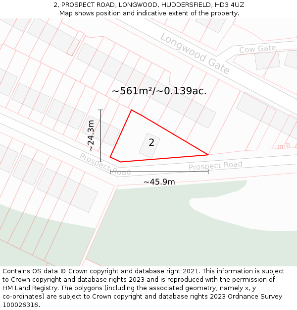 2, PROSPECT ROAD, LONGWOOD, HUDDERSFIELD, HD3 4UZ: Plot and title map
