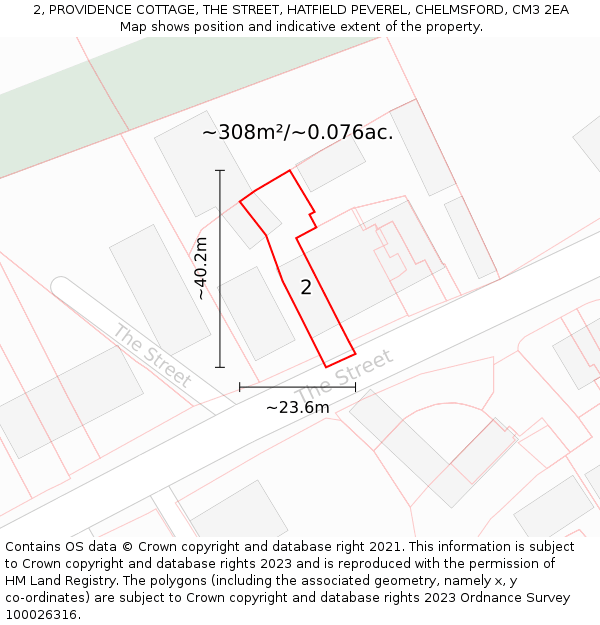 2, PROVIDENCE COTTAGE, THE STREET, HATFIELD PEVEREL, CHELMSFORD, CM3 2EA: Plot and title map